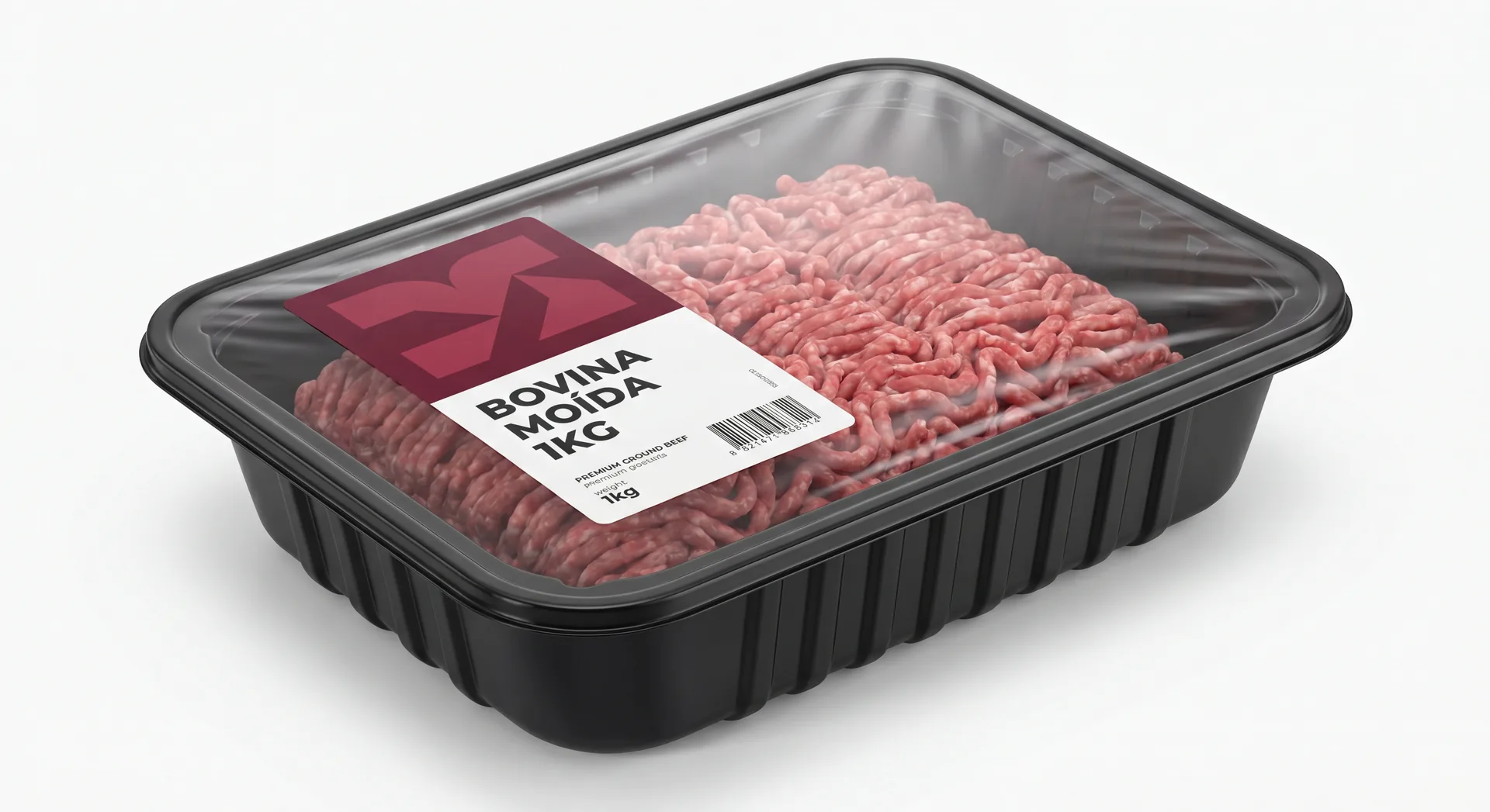 Carne moída industrial em bandeja ATM com rótulo padronizado